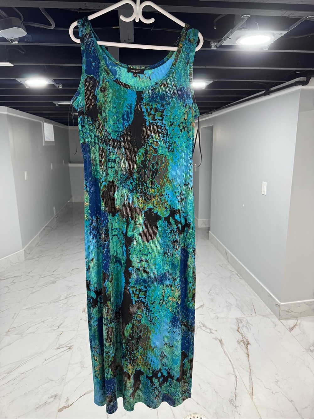 Nine West Teal Blue Green Printed Scoop-Neck Maxi Dress